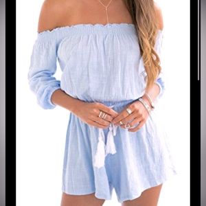 Light Blue Cotton Romper Size Medium | Lightweight | Off the Shoulder